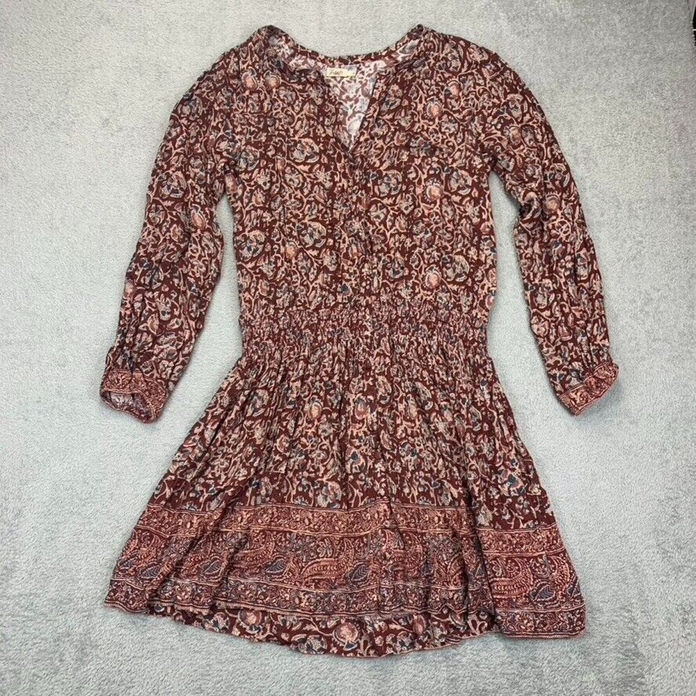 Faherty Montara Fatherly Printed Neutrals Blouson Smocked Mini Dress Womens L
